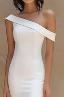 Load image into Gallery viewer, White Satin One Shoulder Long Mermaid Engagement Dress with Slit