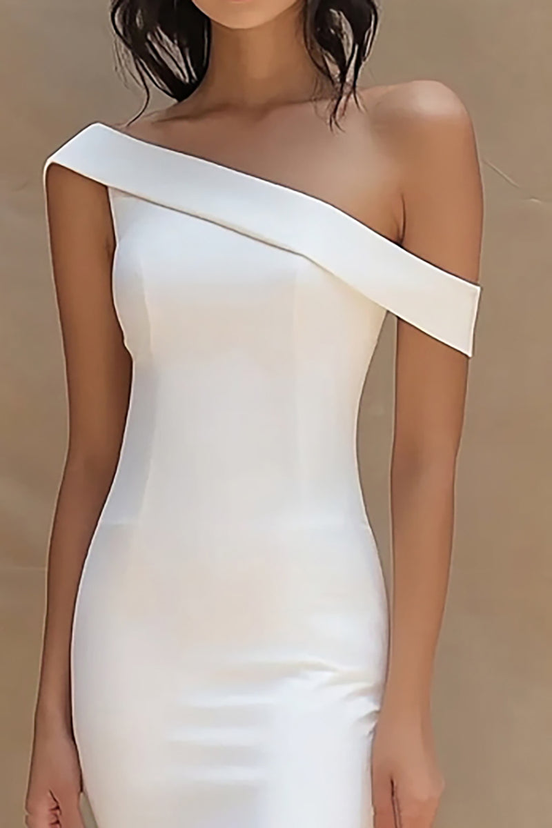 Load image into Gallery viewer, White Satin One Shoulder Long Mermaid Engagement Dress with Slit