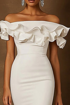 White Satin Off The Shoulder High-Low Engagement Dress with Ruffles