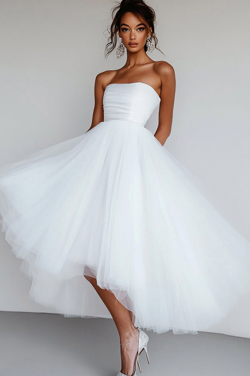Load image into Gallery viewer, White Tulle Strapless High-Low A Line Engagement Dress