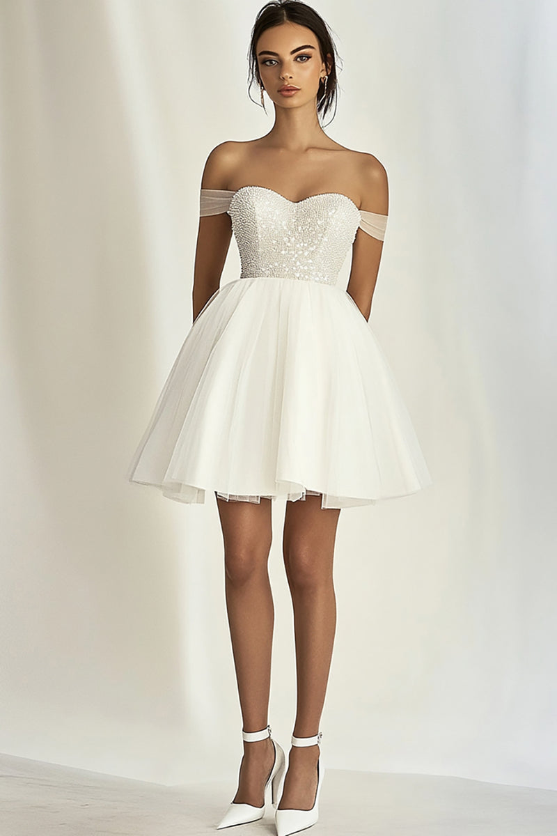Load image into Gallery viewer, White Tulle Off The Shoulder Short Graduation Dress with Beading