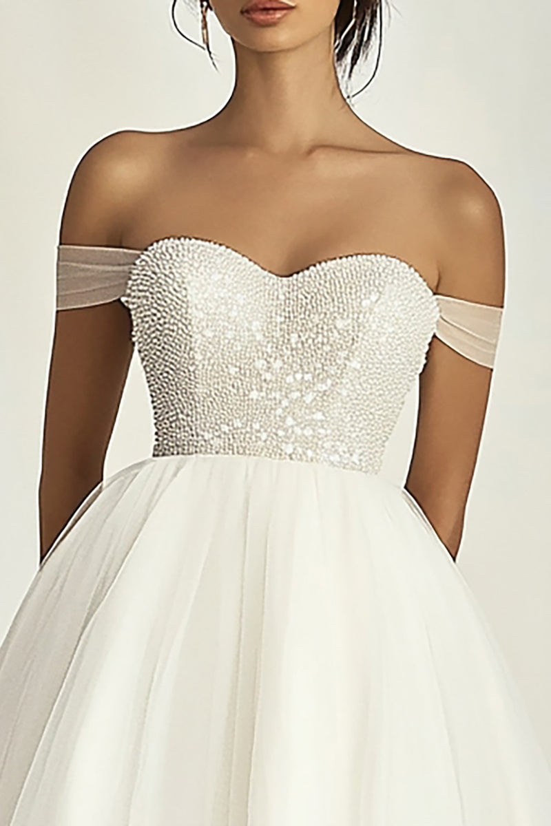 Load image into Gallery viewer, White Tulle Off The Shoulder Short Graduation Dress with Beading