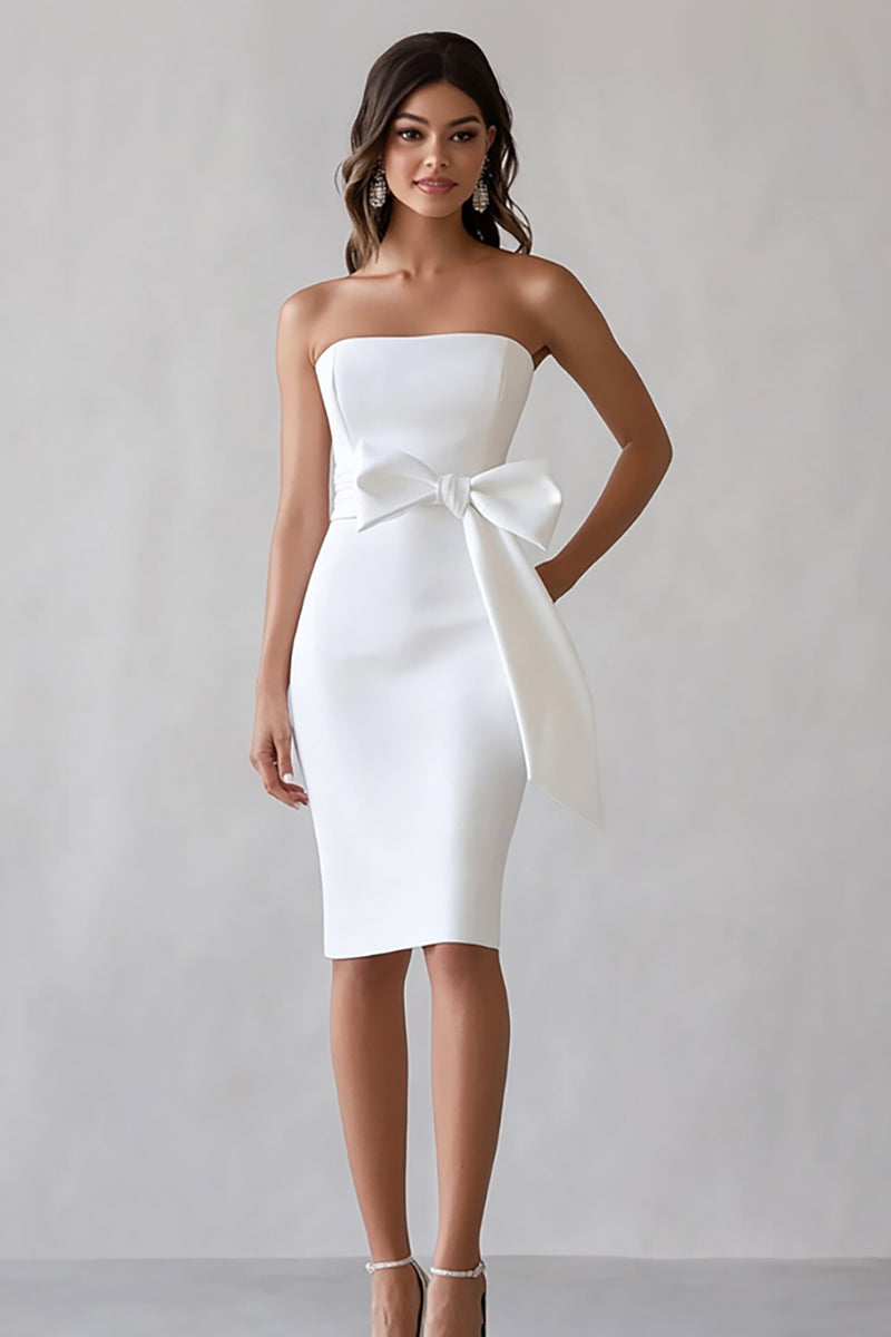 Load image into Gallery viewer, White Satin Strapless Midi Bodycon Engagement Dress