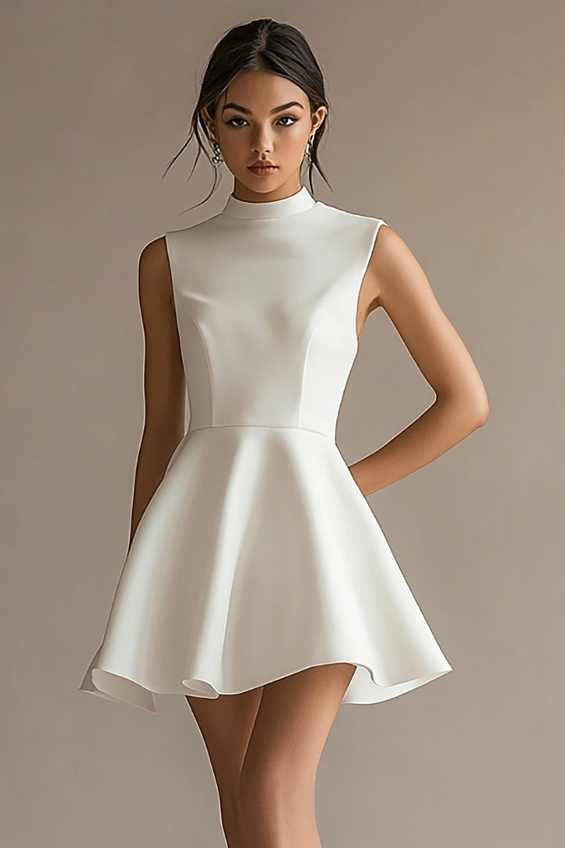 Queendancer Women White Satin Short Graduation Dress High Neck A Line  Little White Dress – queendancer
