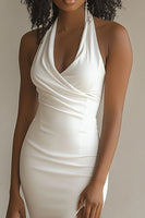 Load image into Gallery viewer, White Satin Halter Asymmetrical Engagement Dress