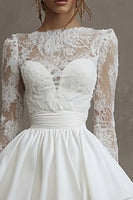 Load image into Gallery viewer, White Satin A Line Bateau Long Sleeves Short Bridal Shower Dress with Lace