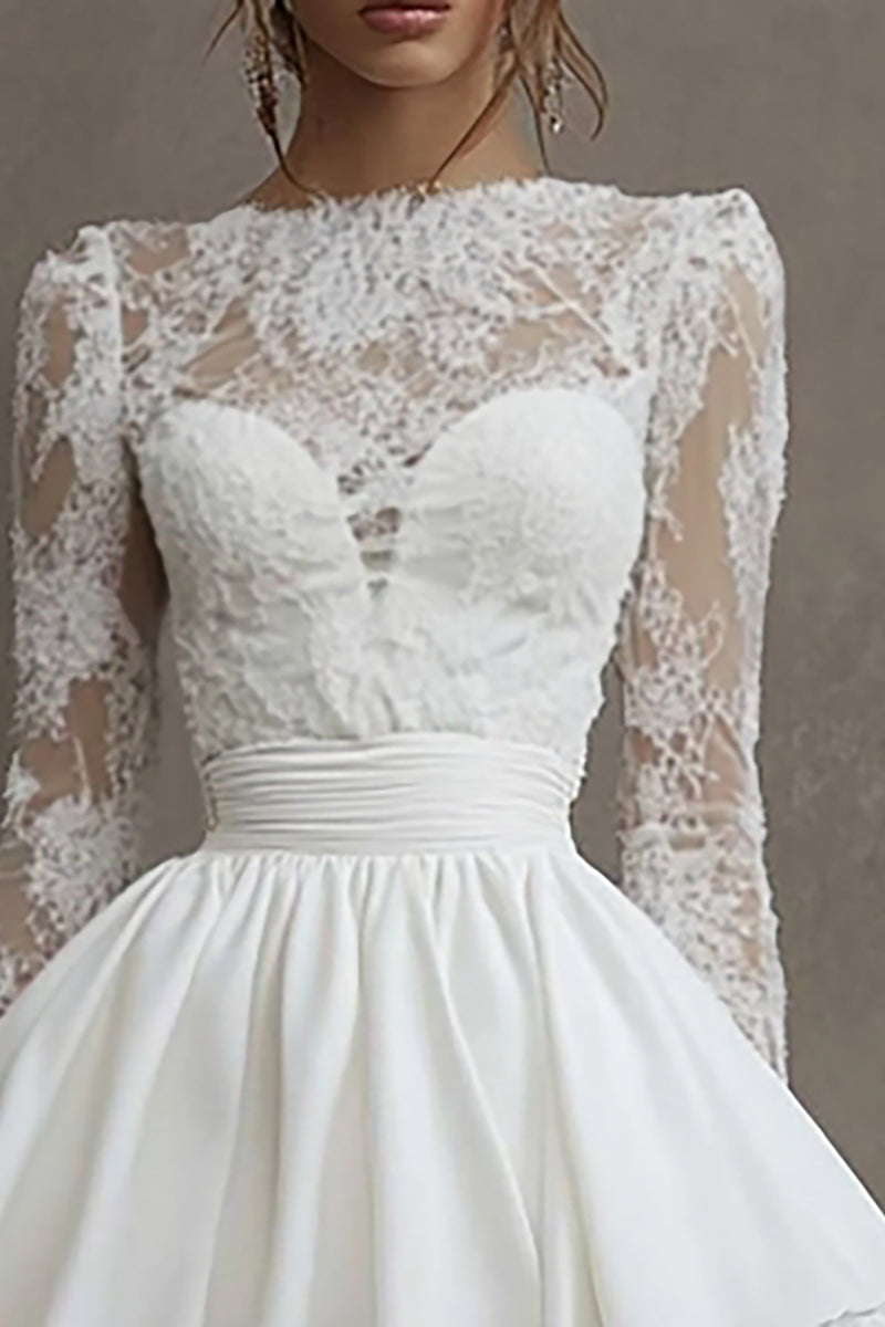 Load image into Gallery viewer, White Satin A Line Bateau Long Sleeves Short Bridal Shower Dress with Lace