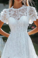 Load image into Gallery viewer, White Lace Short Sleeves  A Line Short Graduation Dress
