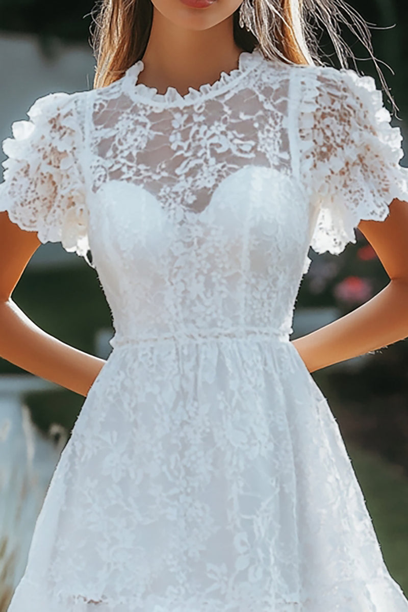 Load image into Gallery viewer, White Lace Short Sleeves  A Line Short Graduation Dress