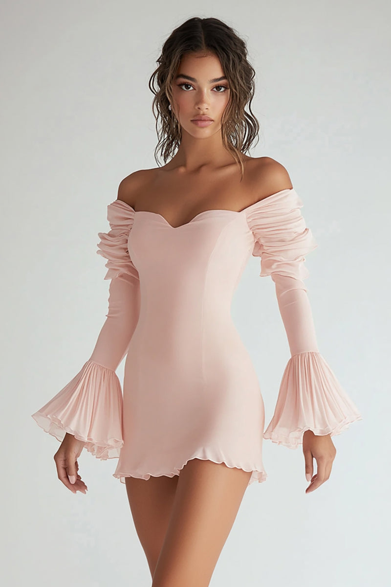 Load image into Gallery viewer, Pink Chiffon Long Sleeves Short Graduation Dress with Ruffles