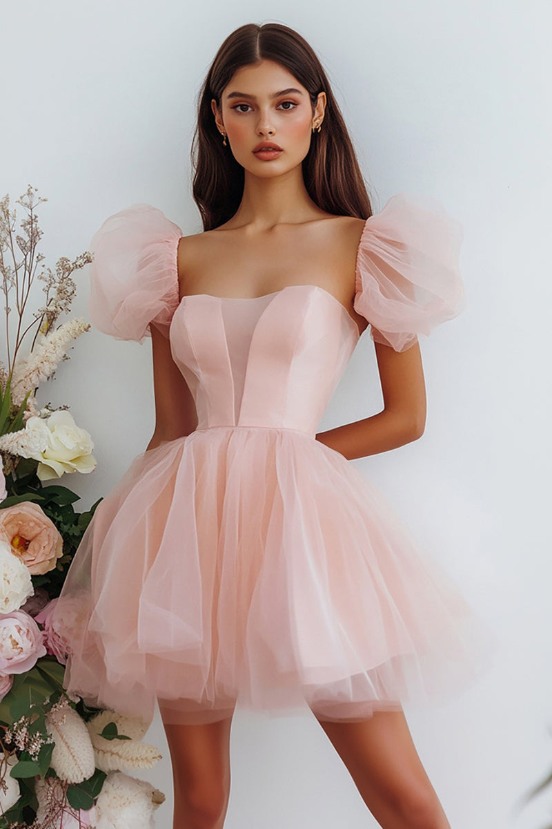 Load image into Gallery viewer, Pink Tulle Puff Sleeves Short A Line Graduation Dress