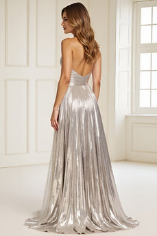Silver Metallic Pleated Long Prom Dress with Keyhole