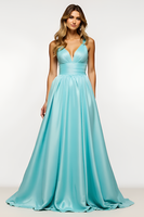 Load image into Gallery viewer, Mint Satin A Line V Neck Backless Long Prom Dress
