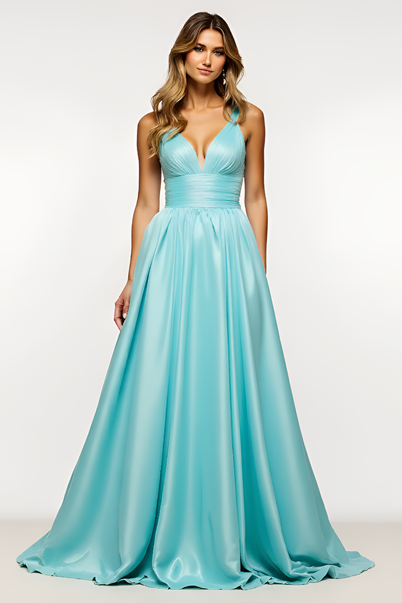 Load image into Gallery viewer, Mint Satin A Line V Neck Backless Long Prom Dress