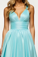 Load image into Gallery viewer, Mint Satin A Line V Neck Backless Long Prom Dress