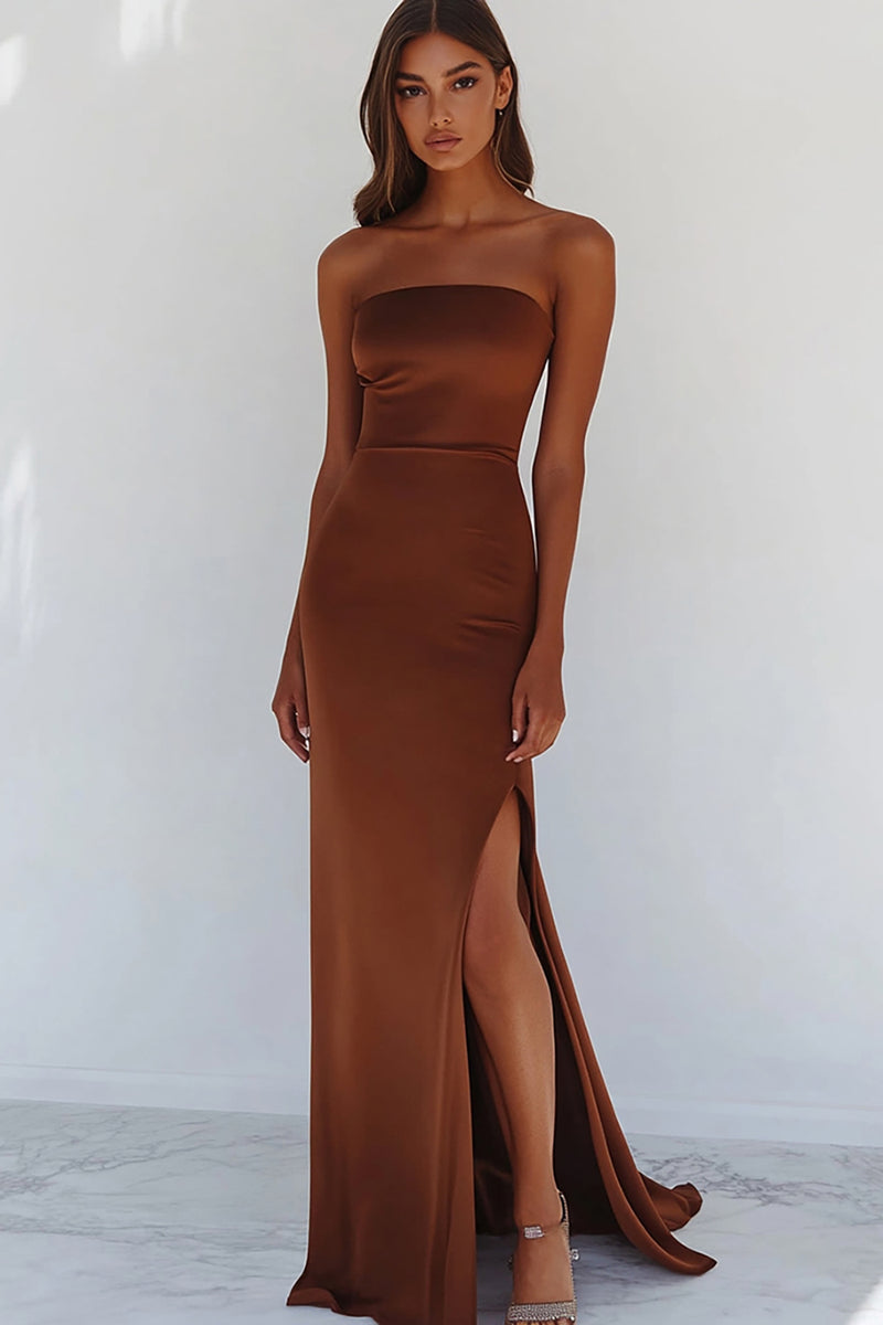Load image into Gallery viewer, Terracotta Sheath Strapless Long Prom Dress with Slit