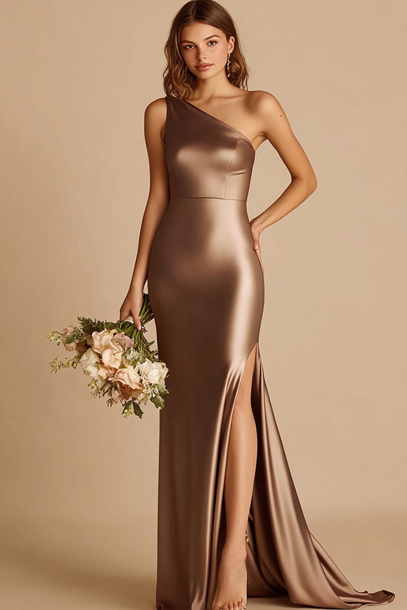 Load image into Gallery viewer, Coffee Satin One Shoulder Mermaid Long Prom Dress with Slit