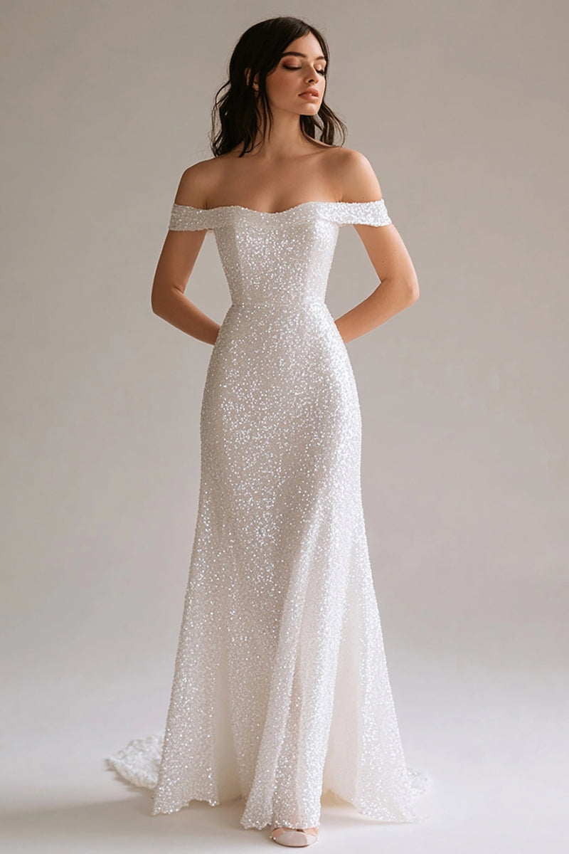 White Sequin Long Sleeves Off Shoulder Prom Evening Wedding Dresses