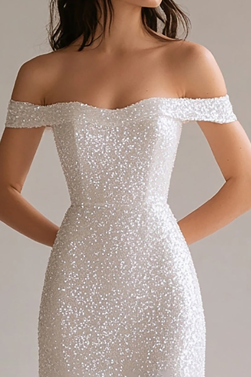 White Sequin Formal Prom Dress Long Sleeve,White Engagement Dress Y6588