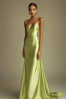 Load image into Gallery viewer, Lemon Green Satin Sheath Spaghetti Straps Long Prom Dress