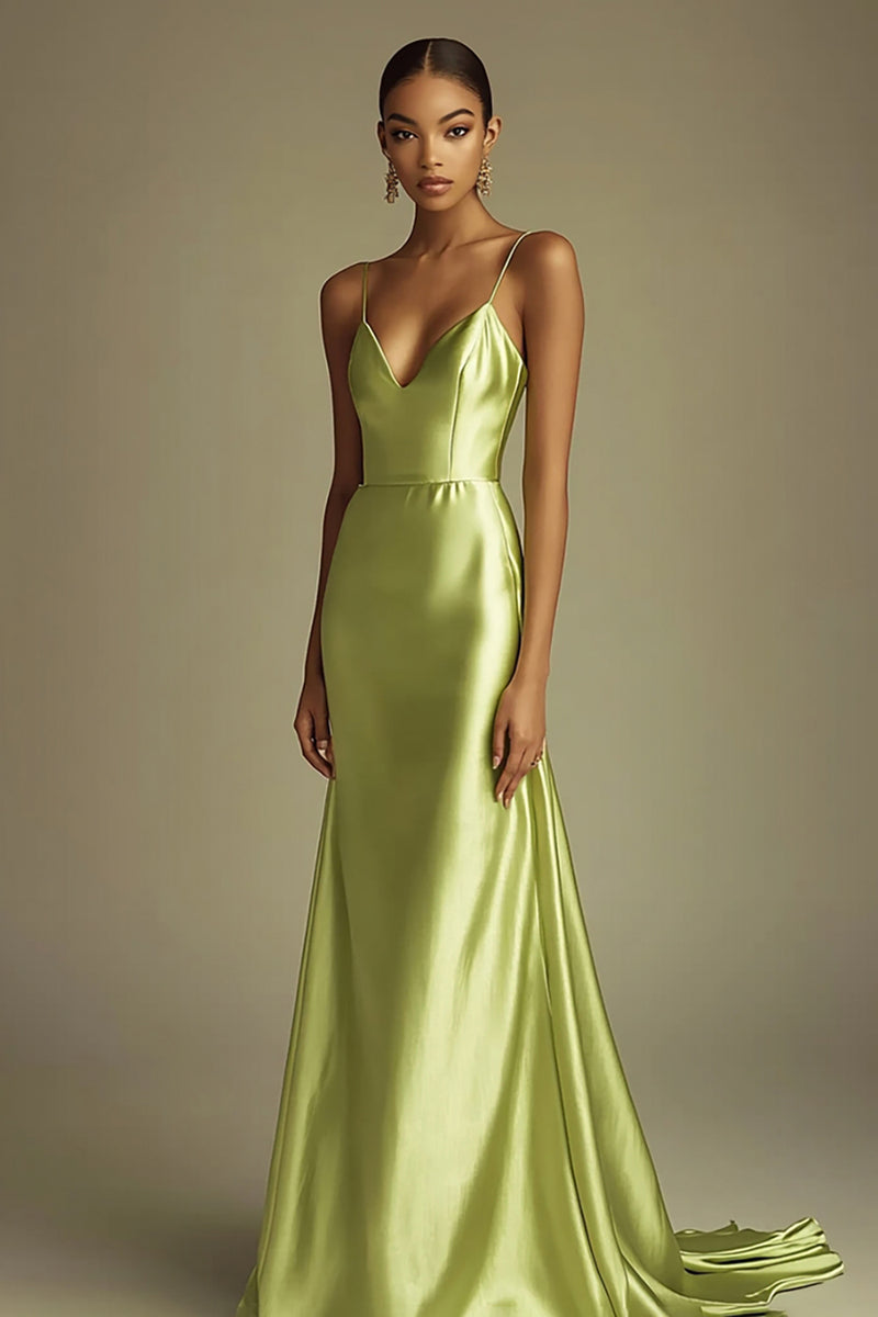 Load image into Gallery viewer, Lemon Green Satin Sheath Spaghetti Straps Long Prom Dress