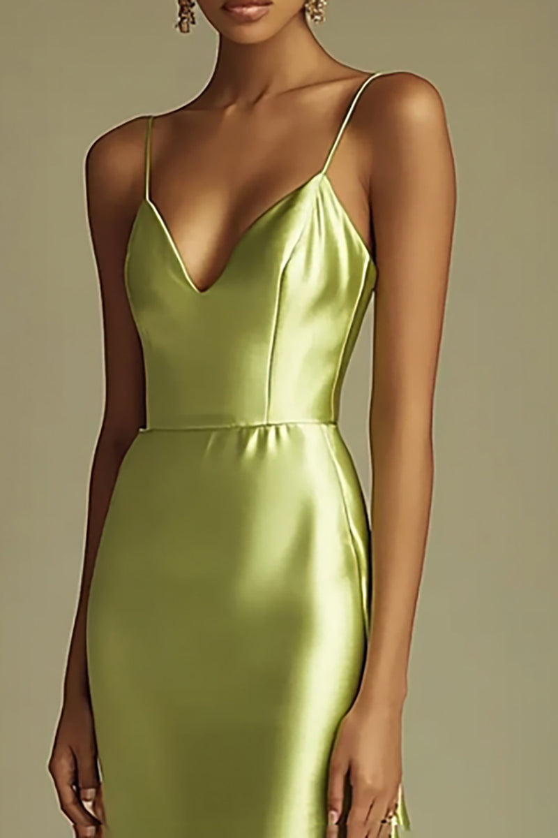 Load image into Gallery viewer, Lemon Green Satin Sheath Spaghetti Straps Long Prom Dress