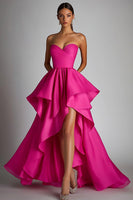 Load image into Gallery viewer, Queendancer Women Fuchsia Pleated High Low Prom Dress with Ruffles Satin Sweetheart A Line Ball Gown Pageant Dress