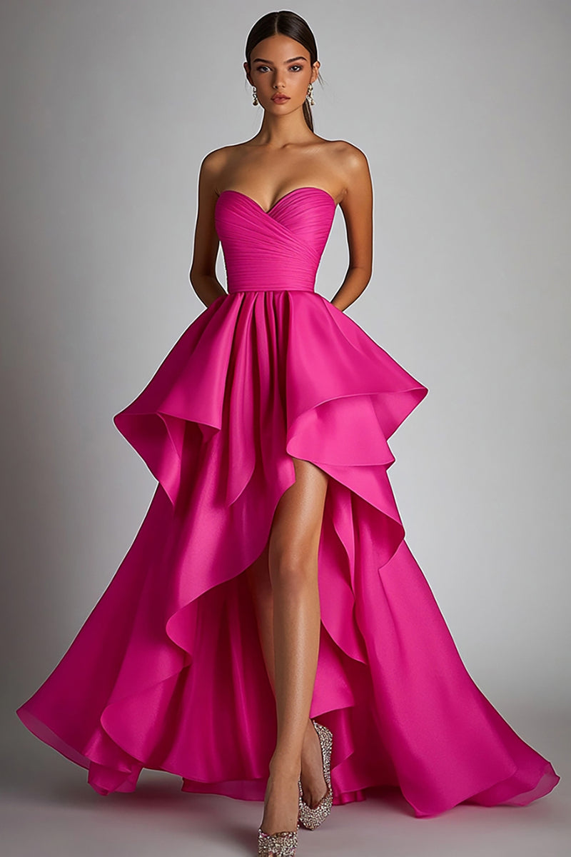Load image into Gallery viewer, Queendancer Women Fuchsia Pleated High Low Prom Dress with Ruffles Satin Sweetheart A Line Ball Gown Pageant Dress