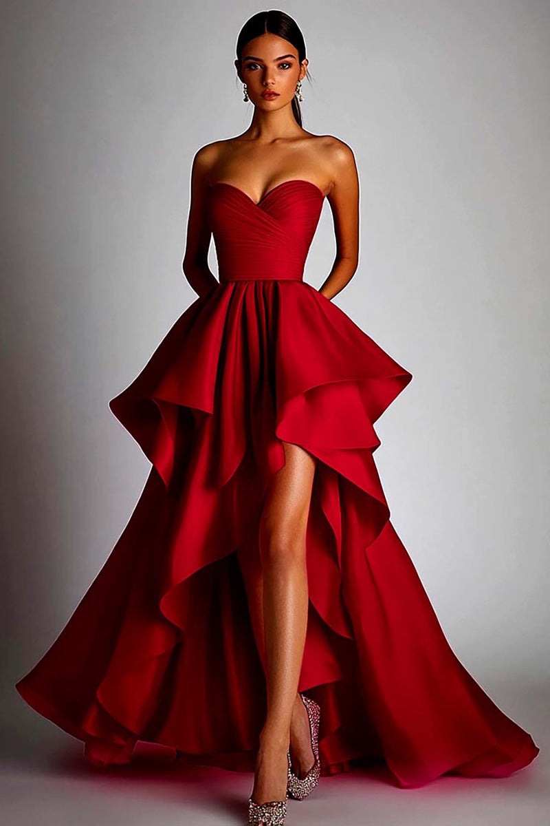 Load image into Gallery viewer, Fuchsia Pleated High Low Prom Dress with Ruffles Satin Sweetheart A Line Ball Gown Pageant Dress