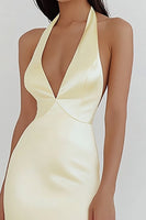 Load image into Gallery viewer, Daffodil Satin Sheath Halter Long Prom Dress