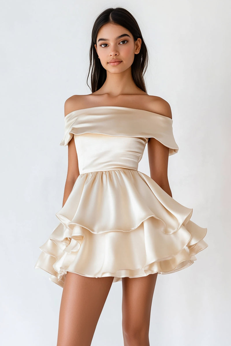 Load image into Gallery viewer, Champagne Satin Short A Line Graduation Dress with Ruffles