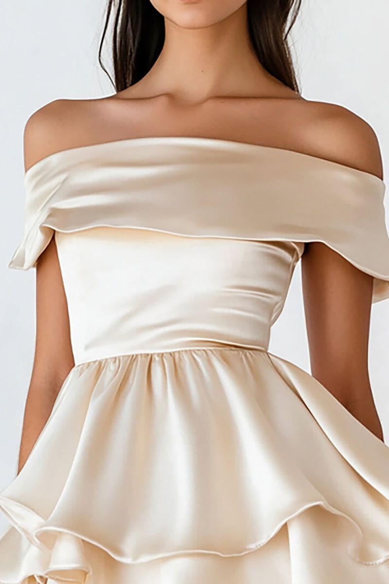 Queendancer Women Champagne Satin Short Graduation Dress with Ruffles Off The Shoulder A Line Cocktail Dress queendancer Queendancer Women Champagne Satin Short Graduation Dress with Ruffles Off The Shoulder A Line Cocktail Dress queendancer