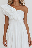 Load image into Gallery viewer, White Chiffon One Shoulder A Line Engagement Dress with Ruffles
