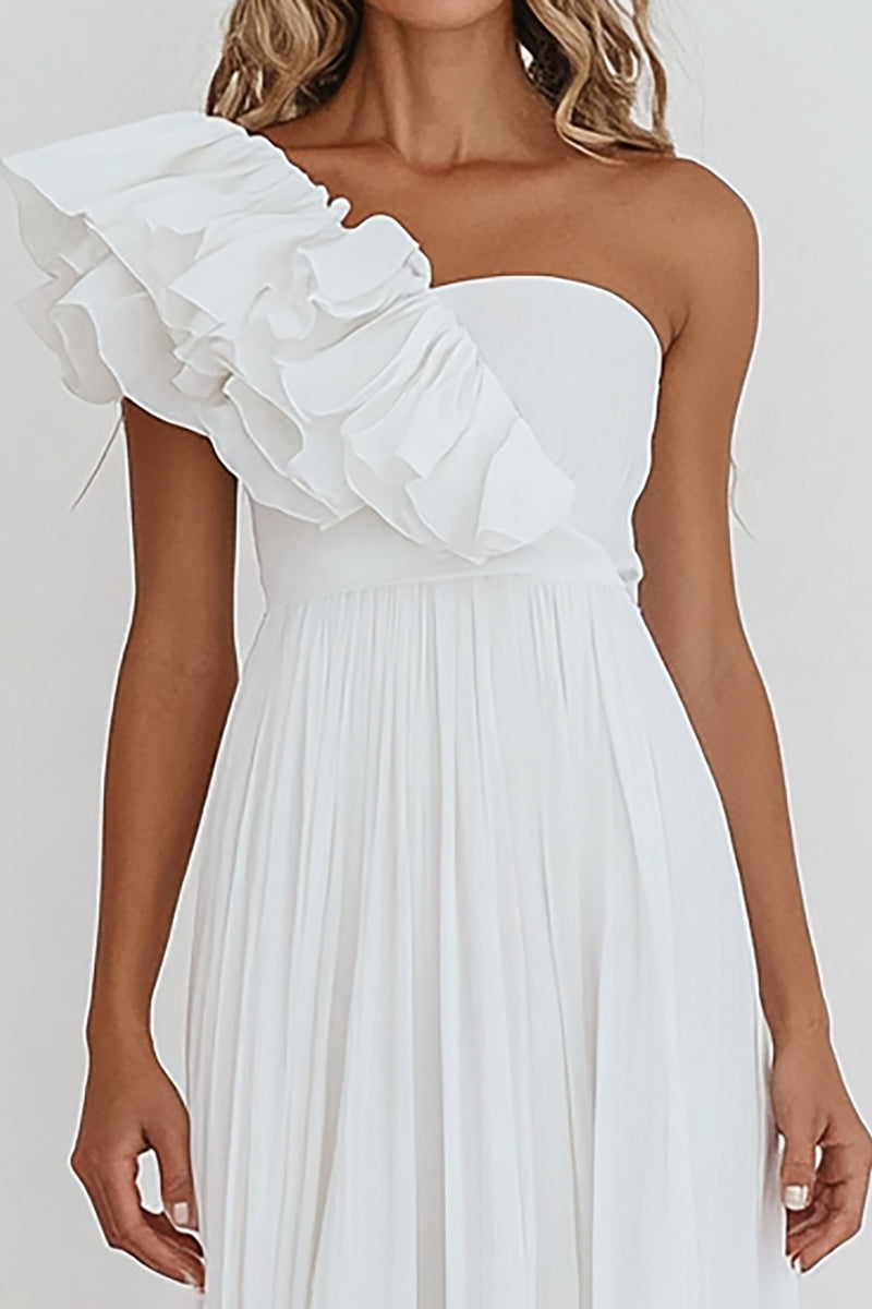 Load image into Gallery viewer, White Chiffon One Shoulder A Line Engagement Dress with Ruffles