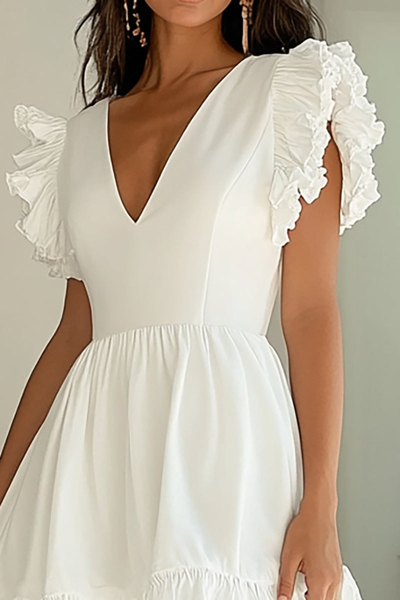 Load image into Gallery viewer, White Satin Short V-Neck A Line Graduation Dress with Ruffles