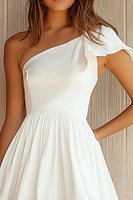 Load image into Gallery viewer, White Satin One Shoulder A Line Graduation Dress with Ruffles