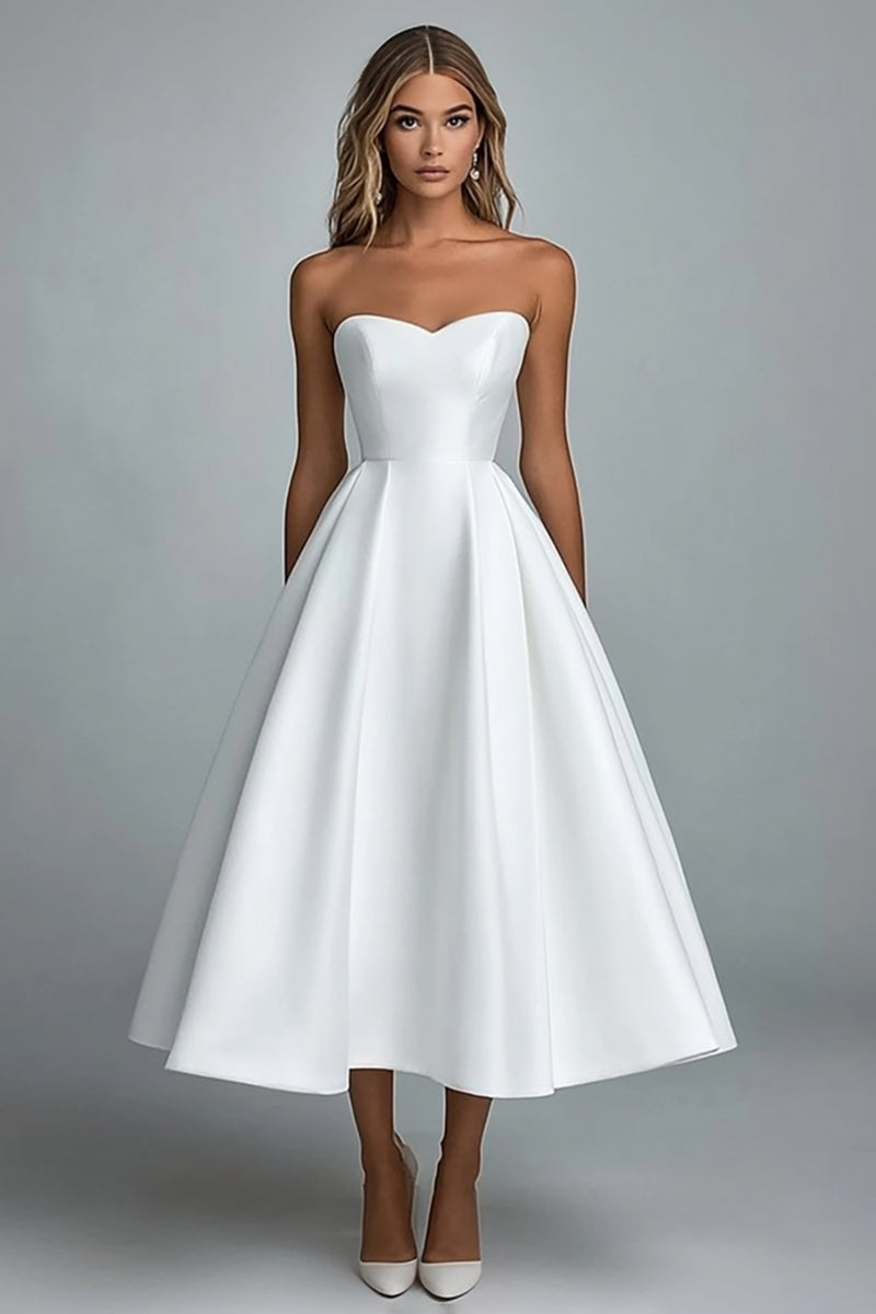 Load image into Gallery viewer, White Satin Sweetheart Midi A Line Engagement Dress