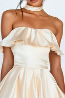 Load image into Gallery viewer, Champagne Satin Strapless Short Graduation Dress with Ruffles