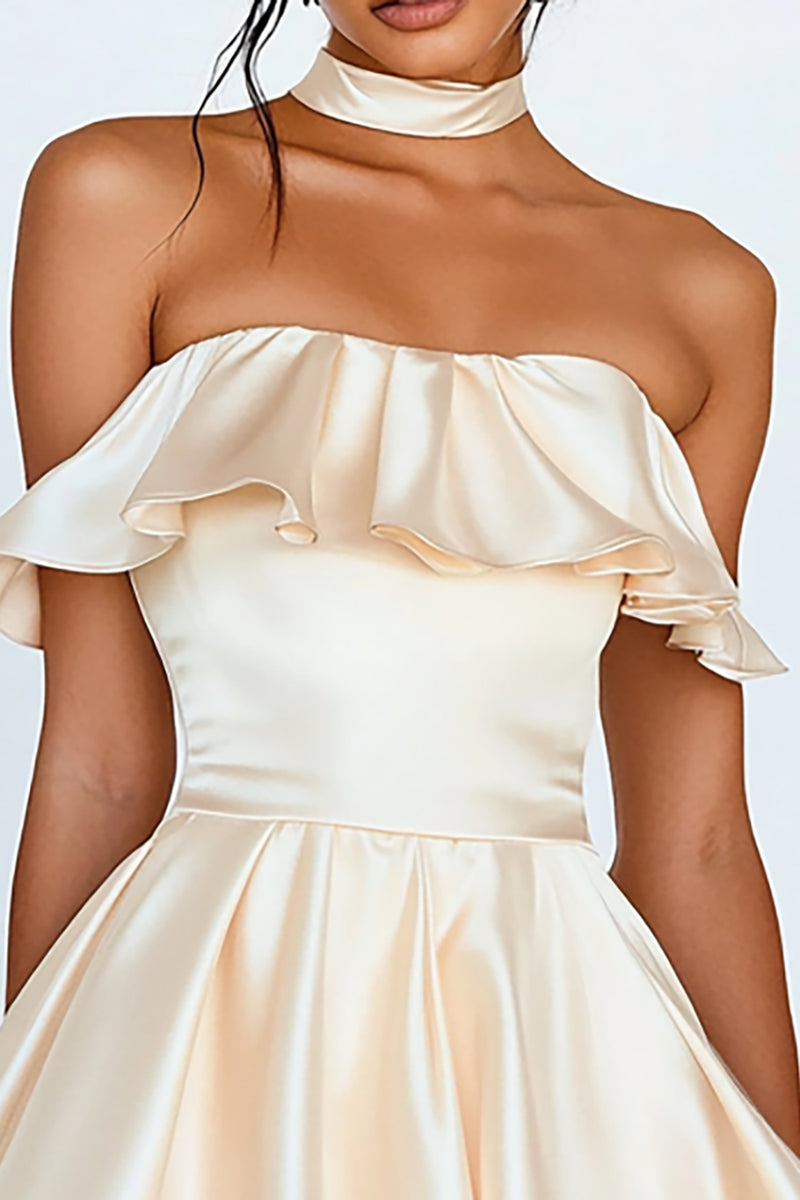 Load image into Gallery viewer, Champagne Satin Strapless Short Graduation Dress with Ruffles
