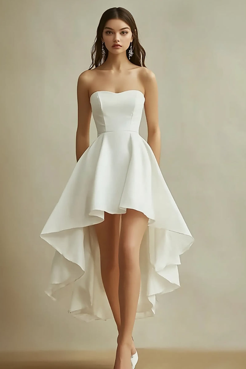 Load image into Gallery viewer, White Satin Strapless Asymmetrical A Line Graduation Dress