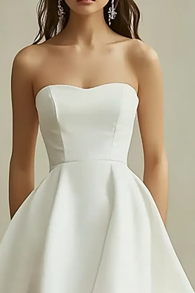 Load image into Gallery viewer, White Satin Strapless Asymmetrical A Line Graduation Dress