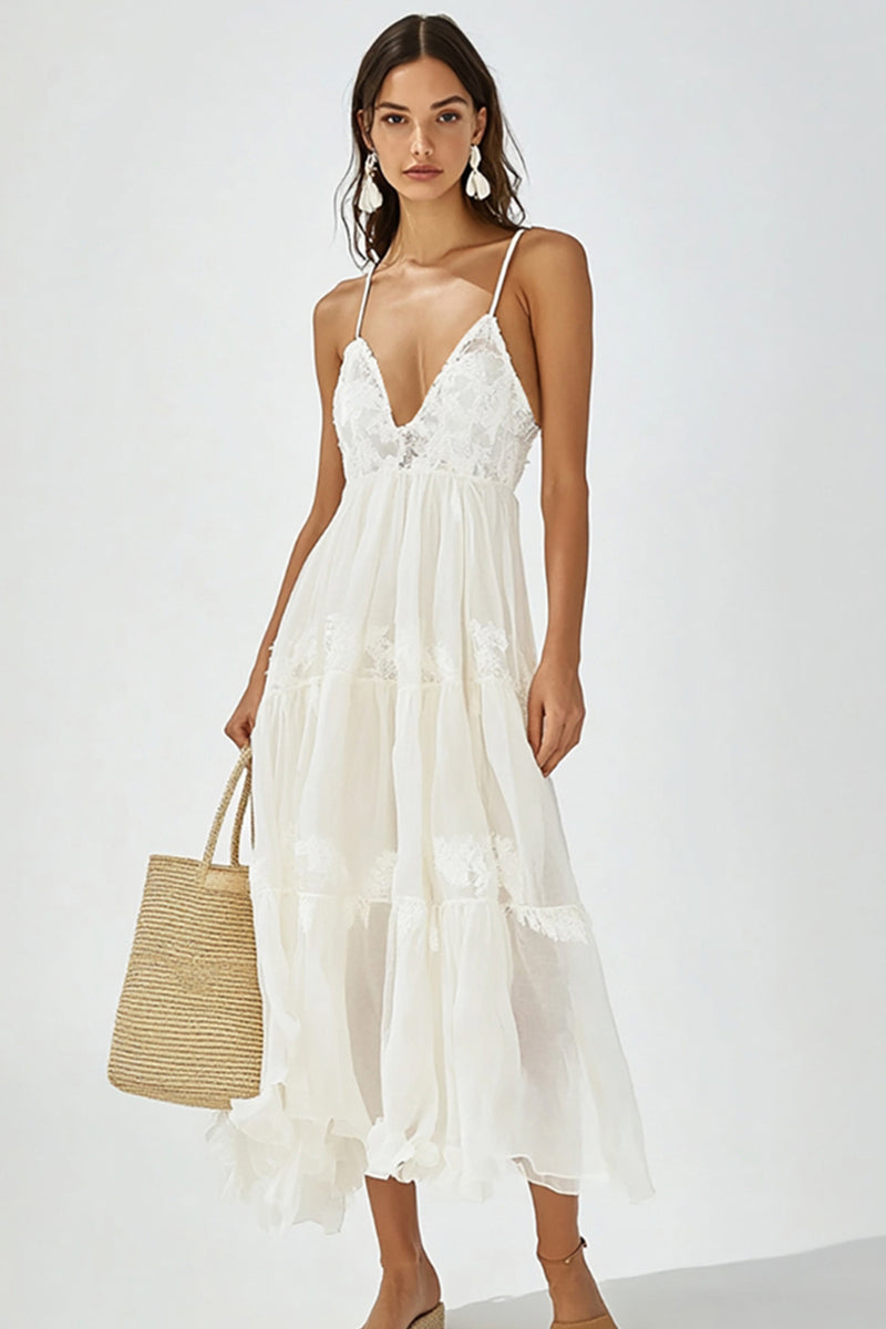 Load image into Gallery viewer, White V Neck Boho Maxi Dress with Ruffles