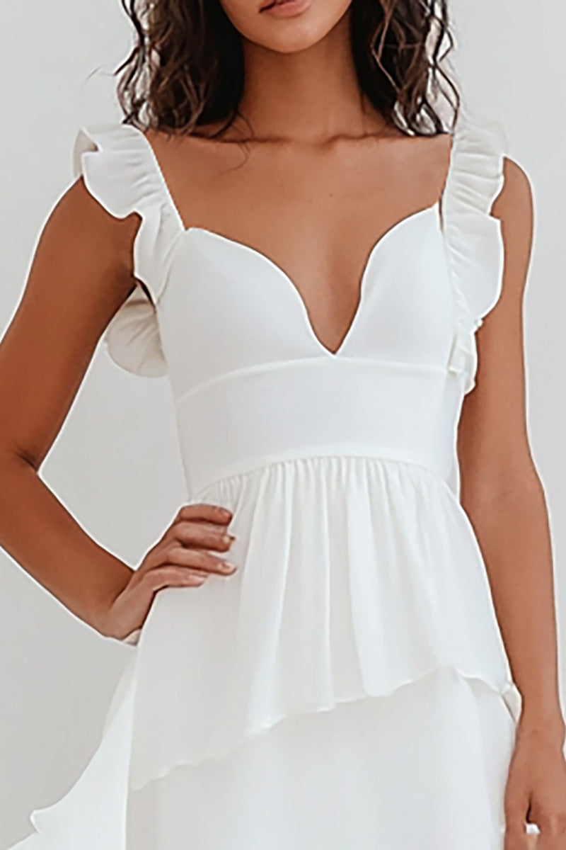 Load image into Gallery viewer, White Chiffon V Neck Long Engagement Dress with Ruffles
