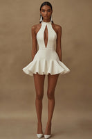 Load image into Gallery viewer, White Satin High Neck Short Graduation Dress with Ruffles
