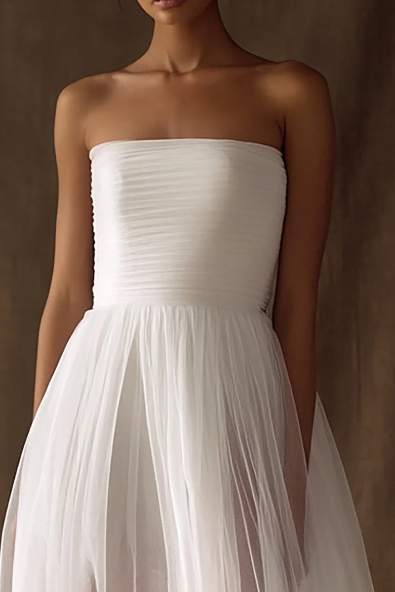 Load image into Gallery viewer, White Tulle Strapless High-Low Engagement Dress with Pleats