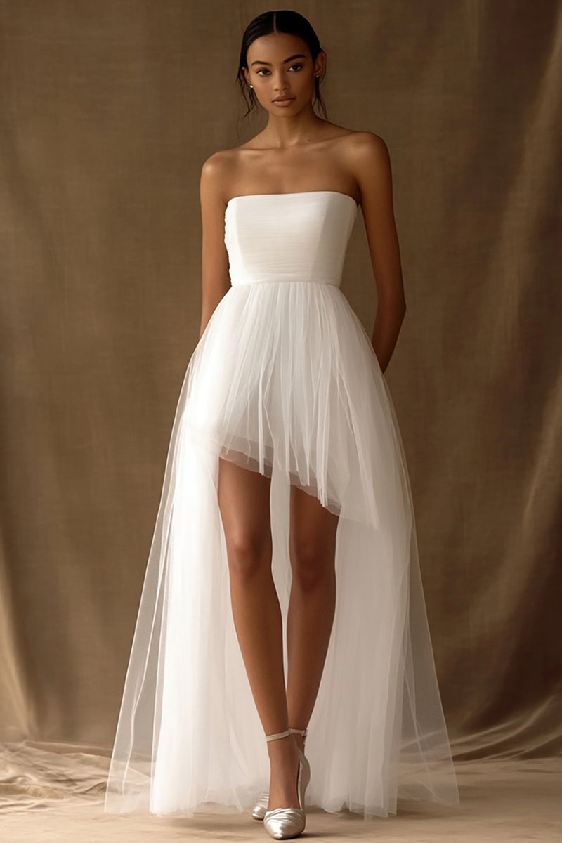 Load image into Gallery viewer, White Tulle Strapless High-Low A Line Graduation Dress