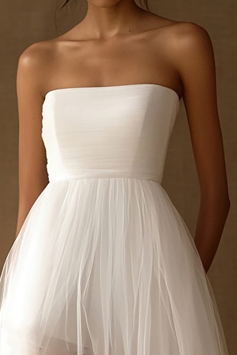 Load image into Gallery viewer, White Tulle Strapless High-Low A Line Graduation Dress