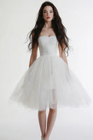 Load image into Gallery viewer, White Tulle Strapless Midi A Line Graduation Dress