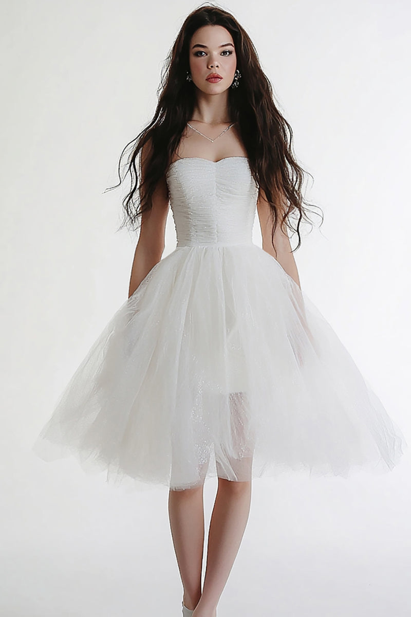 Load image into Gallery viewer, White Tulle Strapless Midi A Line Graduation Dress