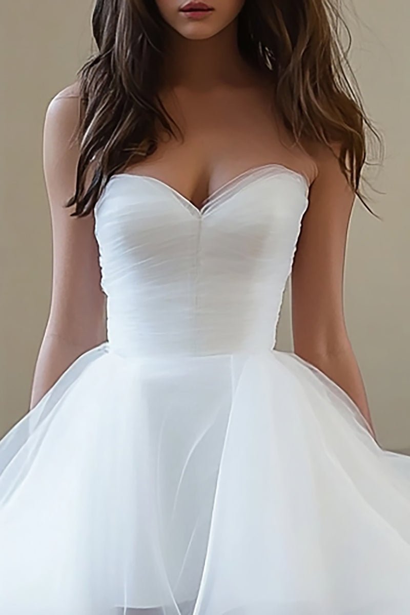 Load image into Gallery viewer, White Organza A Line Sweetheart High-Low Bridal Shower Dress with Ruffles